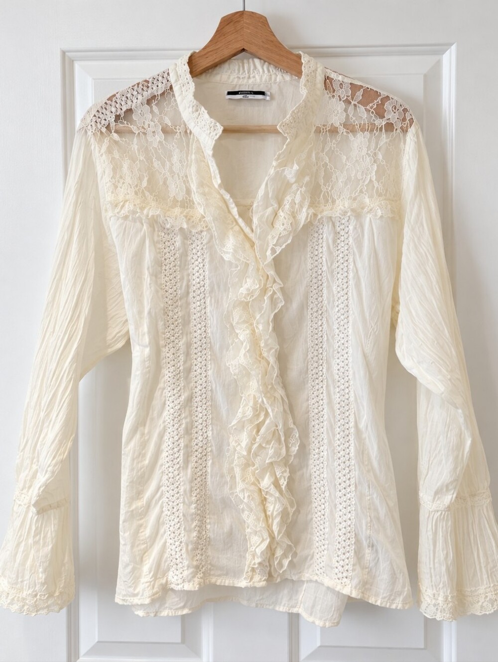 Coquette Whimsigoth Fairycore Lace Blouse Cream Ruffle Top Soft Romantic 1X/XL/L